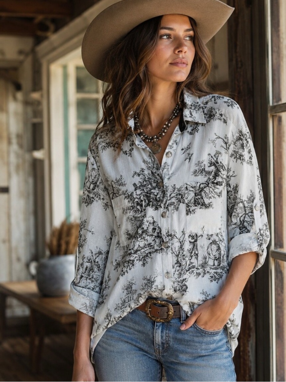 Tasha Polizzi | Linen Toile Print Oversized Shirt / Shacket, Sz M Euc